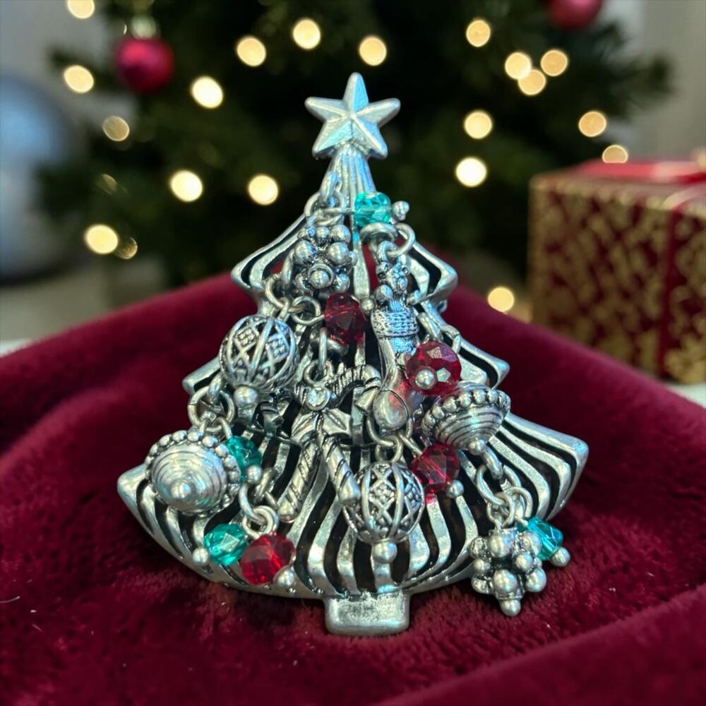 Vintage Silver Tone Christmas Tree Brooch Dangle Charms Red Green Crystal